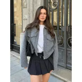 2024 Модные однотонные укороченные пальто с отложным воротником для женщин, новая осенняя теплая верхняя одежда с застежкой-молнией и длинными рукавами, карманами, женские куртки XS чёрный