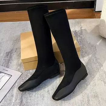 2024 Fashion Square Low Heel женские элегантные длинные сапоги без застежек зимние остроносые женские туфли легкие и удобные 35