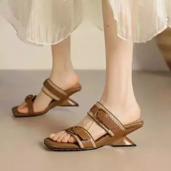 2024 Fashion Strange Style High Heels Slides,Women Buckle Straps Slippers,Summer Shoes,Open Toe,Beige,APricot, Dropship 34 бежевый