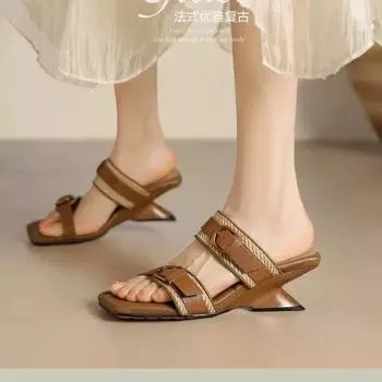 2024 Fashion Strange Style High Heels Slides Women Buckle Straps Slippers Summer Shoes Open Toe Beige 34 бежевый