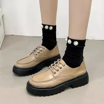 2024 Fashion Sweet Ladies Shoes Genuine Leather Women Flats Thick Sole Cow Leather Brand Ladies Loafers 35 хаки