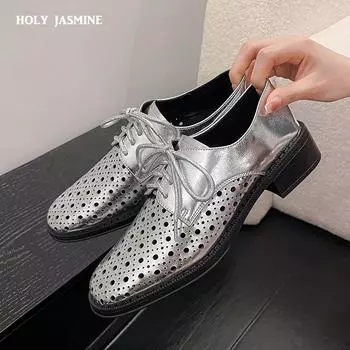 2024 Модные женские туфли-лодочки из натуральной кожи, туфли-лоферы на среднем каблуке с круглым носком, на шнуровке, весна-осень, удобная повседневная обувь для женщин 34 чёрный