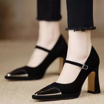 2024 Fashion Women s Shoes Basic Women s High Heels Classics Dress Pumps Women Pointed Toe Buckle Strap Chunky Heel Shoes Female 34 коричневый