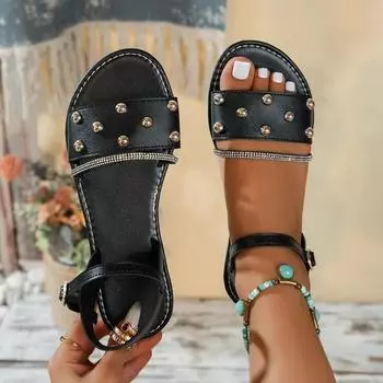 2024 Модная женская обувь с открытым носком, женские сандалии, летние повседневные сандалии, женские с кристаллами, заклепками, пряжкой, ремешком, на плоской подошве с женской обувью 36 чёрный