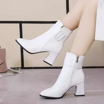 2024 Fashion Women s Shoes Side Zipper Women s Boots Pointed Warm and Elegant Buckle High Quality Short Fleece Ankle Boots 35 чёрный