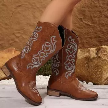 2024 Fashion Women s Shoes Slip-on Women s Boots Hot Sale Embroidery Modern Boots Women New Plus Size Mid-Calf Boots Zapatos 35 коричневый