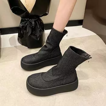 2024 Fashion Women s Shoes Zipper Women s Boots Autumn Round Toe Mixed Colors Short Barrel Platform Boots Zapatos De Mujer 35 чёрный