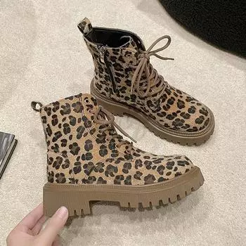 2024 Fashion Women s Winter Boots Leopard Platform Ankle Boots For Women Lace-up High-Top Zip Women s Boots Botines para mujeres 35