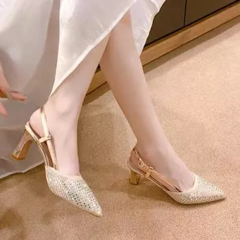 2024 Fashionable and Elegant Heels Rhinestone Pointed Gold High Heels Shallow Sandals Women Summer Party Dress Wedding Shoes 34 золотой