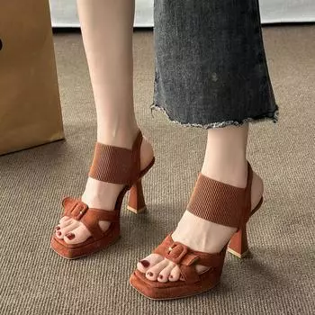 2024 Fashionable Women s Sandals Summer Square Toe High Heels Cross Buckle Elastic Fabric Women s Shoes Heels 9cm 35 бежевый