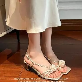 2024 Female Shoes Buckle Strap Women s Sandals Plus Size Party Sandals Women Pearl Floral Square Toe High Heels Shoes Women 35
