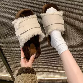 2024 флисовые повседневные тапочки из термохлопка с толстой подошвой для женщин, которые можно носить осенью, удобные однотонные пушистые тапочки с открытым носком 35 чёрный