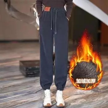 2024 флисовые утолщенные осенне-зимние свободные завязанные штаны с высокой талией из тонкой овечьей шерсти маленькие спортивные штаны универсальные повседневные спортивные штаны M