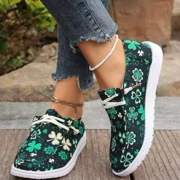 2024 foreign trade large size four-season canvas shoes women s four-leaf clover printing colorful export European and American flat-bottomed cas 36 зелёный