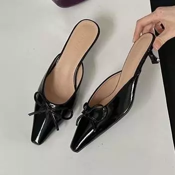 2024 Foreign Trade Spring and Autumn New Bow Muller Solid Color Women s Large Size Square Baotou Half-tow High Heel Slippers 35 темно-коричневого