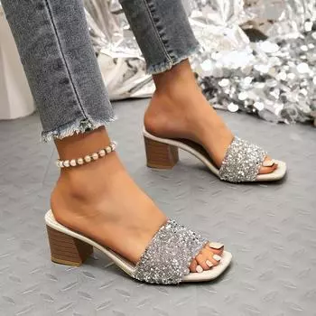2024 foreign trade summer new European and American style one-word fashion women s large size thick heel square head cool slippers 35 чёрный