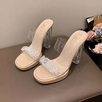 2024 foreign trade summer new European and American one-character transparent belt women s large size square head thick high-heeled slippers 35