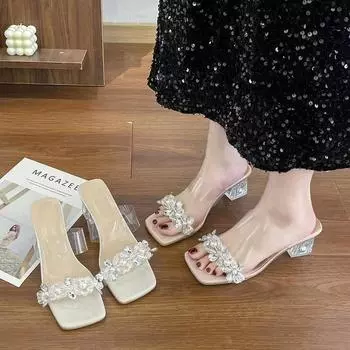 2024 foreign trade summer new European and American style one-word women s fashion large size square head thick high-heeled slippers 35 белый