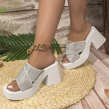 2024 foreign trade summer new European and American style one-word high heel women s large size thick heel square head cool slippers 35 белый