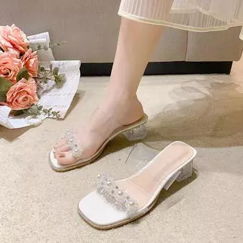 2024 foreign trade summer new pearl European and American style one-word square head women s large size thick high-heeled slippers 35 светло-желтого