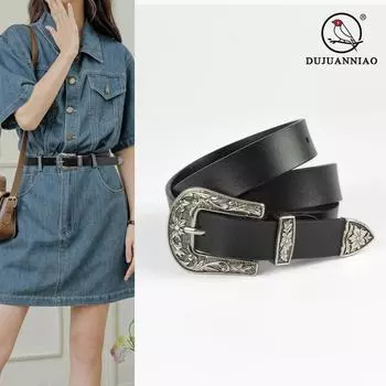 2024 Four Seasons Доступен новый женский ремень из натуральной кожи, черный кожаный ремень в стиле ретро с джинсами и повседневными брюками 95cm