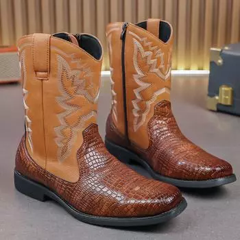 2024 Four Seasons Guochao Carved Martin High Top Large Size Court Style Retro Tooling Locomotive Boots Foreign Trade Men s Leather Shoes 38 чёрный