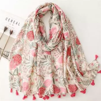 2024 Four Seasons Хлопок и конопляная текстура шарф, маленький свежий розовый растительный цветок кисточка шелковый шарф, теплая шаль для женщин 180*88