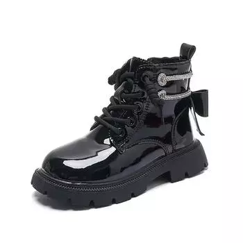 2024 Four Seasons Kids Girls Boots PU Leather Waterproof Plush Kids Snow Boots Fashion Children Shoes Non-Slip Shoes Back Bow 26 бежевый