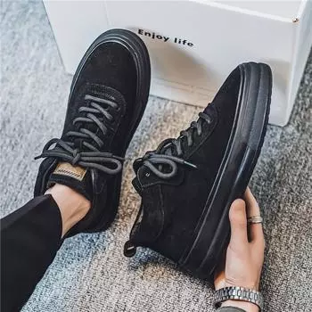 2024 four seasons live broadcast anti-velvet leather casual trend student sports board shoes thick medium help breathable fashion outdoor shoes 39 чёрный