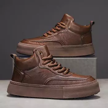 2024 four seasons live broadcast leather surface casual trend student sports board shoes thick sole medium help breathable fashion outdoor shoes 39 чёрный