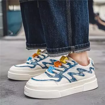 2024 four seasons new microfiber leather mesh breathable board shoes Korean version live broadcast thick-soled white shoes Douyin men s shoes tren 39 светло-синий