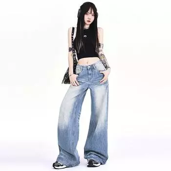 2024 Four Seasons Wear New Fold Made Loose Jeans Women s High Talys Slimming Wide Leg Floor Брюки XS синий