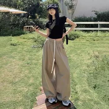 2024 Four Seasons Wear Новые ретро эластичные свободные повседневные брюки на шнурке для женщин, широкие брюки до пола с высокой талией S