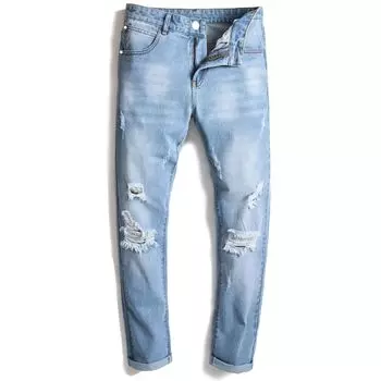 2024 Four Seasons Wear Through Hole Casual Jeans For Men s Прямые, узкие, неэластичные светлые мужские джинсовые брюки 28 светло-синий