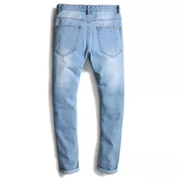 2024 Four Seasons Wear Through Hole Casual Jeans For Men s Прямые, узкие, неэластичные светлые мужские джинсовые брюки 28 светло-синий