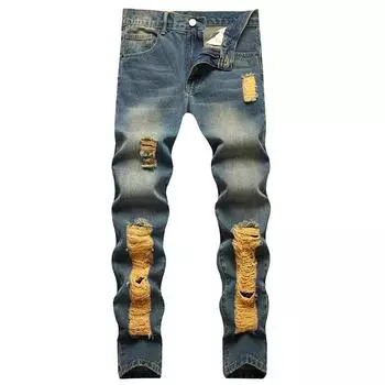 2024 Four Seasons Wearable Non Elastic Hole New Large Washed Jeans Men s Nostalgic Youth Straight Cowboy Pants 28 синий