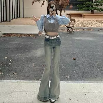 2024 Four Seasons Wearable Women s New Retro High Waist Skinny Jeans, Spicy And Elastic Bellbottom Брюки XS