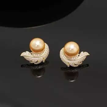 2024 Full Diamond Zircon Feather Pearl Stud Earrings Light Luxury Premium Temperament Earrings Fashion Explosive Earrings Women 14k