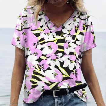 2024 Футболка для женщин Топы с цветочным принтом Женская свободная одежда Футболки Летние топы с V-образным вырезом Рубашка Футболки оригинального дизайна S
