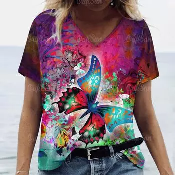 2024 Футболка для женщин Топы с принтом бабочек Женская свободная одежда Футболки Летние топы с V-образным вырезом Футболки Оригинальный дизайн Футболки S