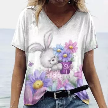 2024 футболка для женщин, топы с принтом кролика, женская одежда больших размеров, футболки, летние топы с v-образным вырезом, рубашка, футболки оригинального дизайна S