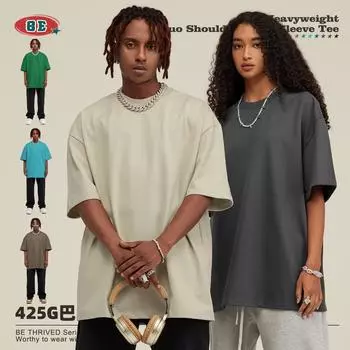 2024 футболка из чистого хлопка, тяжелый вес 425 г, однотонная с открытыми плечами, с короткими рукавами, свободная модная брендовая пара с короткими рукавами XS розовый