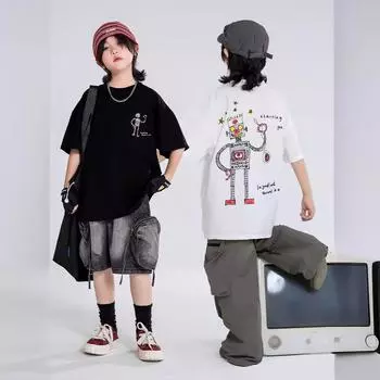 2024 Футболка из хлопка с коротким рукавом для мальчиков с рисунком в корейском стиле 140 cm белый