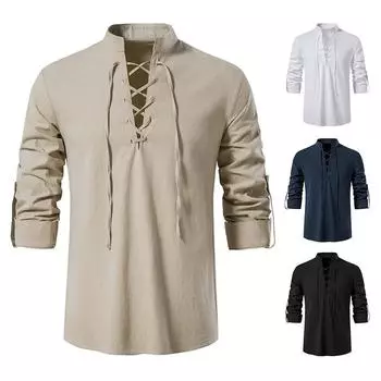 2024 Футболка Novos Homens Decote Em V Camisa Moda Vintage Fino Top Manga Longa Homens Повседневная футболка Respirvel Viking Frente на шнуровке Ho S чёрный
