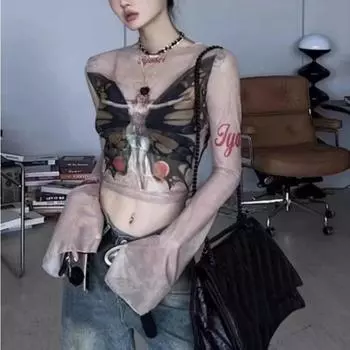2024 футболка с длинным рукавом и принтом бабочки, прозрачные модные укороченные топы Y2k, корейские винтажные сексуальные марлевые футболки Harajuku S абрикосовый