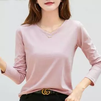 2024 Футболка с длинными рукавами, однотонная, с V-образным вырезом, универсальная нижняя рубашка для женщин, внутренний базовый топ из чистого хлопка L жёлтый