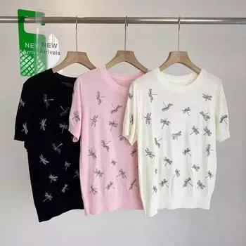 2024 футболки женские свободные с круглым вырезом и коротким рукавом женская футболка с вышивкой стрекозы летние топы высокого качества B-057 One Size чёрный