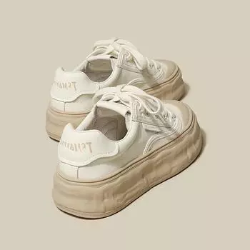 2024 г. Белые туфли из натуральной кожи, женские парусиновые кроссовки, студенческие толстые растворяющиеся каблуки, белые туфли, спортивная обувь на шнуровке для женщин 35 бежевый