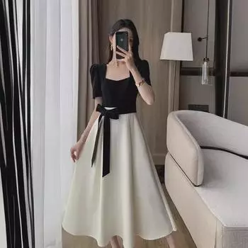 2024 г. Длинная юбка с высокой талией и квадратным вырезом во французском стиле в стиле ретро для женщин 2X-Large