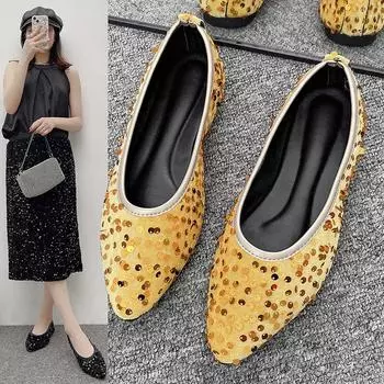 2024 г. Легкие роскошные женские туфли с острым носком и блестками на плоской подошве — универсальные, с мягкой подошвой, большого размера 38